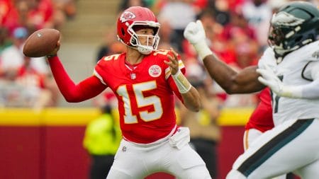 Sep 14, 2025; Kansas City, Missouri, USA; Kansas City Chiefs quarterback Patrick Mahomes (15) throws a pass during the first half against the Philadelphia Eagles at GEHA Field at Arrowhead Stadium.