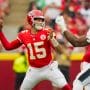 Sep 14, 2025; Kansas City, Missouri, USA; Kansas City Chiefs quarterback Patrick Mahomes (15) throws a pass during the first half against the Philadelphia Eagles at GEHA Field at Arrowhead Stadium.