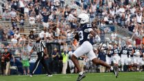 Sep 13, 2025; University Park, Pennsylvania, USA; Penn State Nittany Lions cornerback Jahmir Joseph (23) runs the ball into the end zone following an interception during the fourth quarter against the Villanova Wildcats at Beaver Stadium.