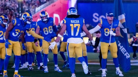 Jan 13, 2025; Glendale, AZ, USA; Los Angeles Rams wide receiver Puka Nacua (17) greets teammates prior to the game against the Minnesota Vikings in an NFC wild card game at State Farm Stadium.