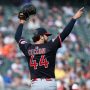 Cleveland Guardians starting pitcher Slade Cecconi (44) reacts during the seventh inning of game one of a double header against the Minnesota Twins at Target Field.