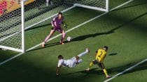 [Subscription Customers Only] Jul 5, 2025; East Rutherford, New Jersey, USA; Real Madrid CF forward Kylian Mbappe (9) scores their third goal against Borussia Dortmund goalkeeper Gregor Kobel (1) during a quarterfinal match of the 2025 FIFA Club World Cup at MetLife Stadium.