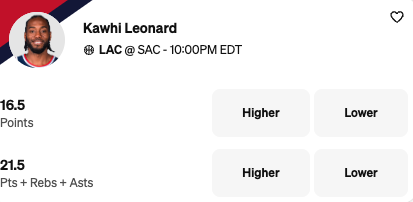 Clippers vs Kings props -Kawhi Leonard, Underdog Fantasy