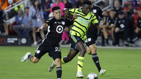 Jul 19, 2023; Washington, DC, USA; Thiago Almada (23) of Atlanta United fouls Arsenal midfielder Bukayo Saka (7) in the 2023 MLS All Star Game at Audi Field.