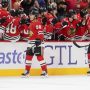 Oct 11, 2025; Chicago, Illinois, USA; Chicago Blackhawks center Connor Bedard (98) celebrates his goal against the Montréal Canadiens during the second period at United Center.