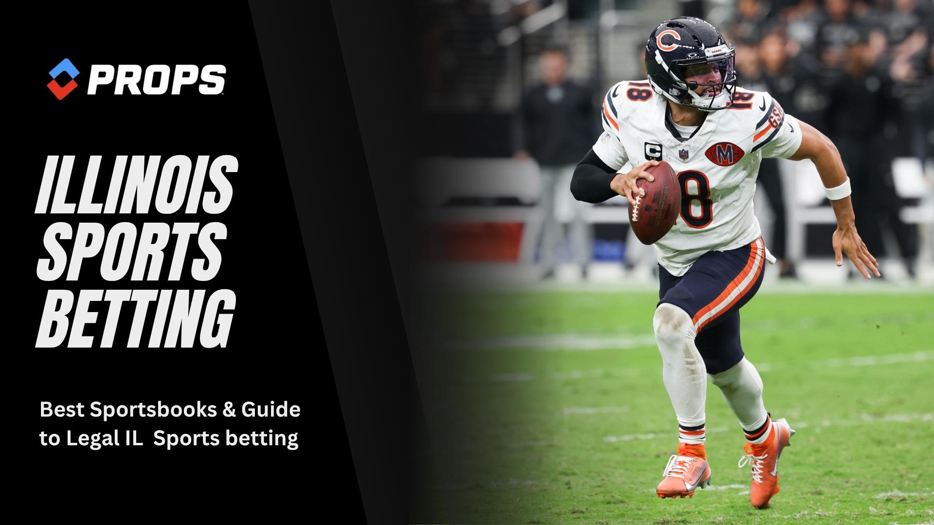 Illinois sports betting, written next to a photo of Caleb Williams of Chicago Bulls in full sprint with the ball.
