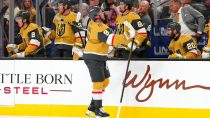Oct 16, 2025; Las Vegas, Nevada, USA; Vegas Golden Knights center Jack Eichel (9) leaves the ice after blocking a Boston Bruins shot during the second period at T-Mobile Arena.