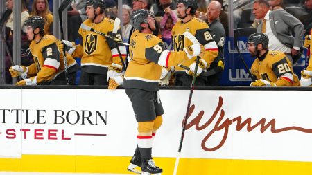 Oct 16, 2025; Las Vegas, Nevada, USA; Vegas Golden Knights center Jack Eichel (9) leaves the ice after blocking a Boston Bruins shot during the second period at T-Mobile Arena.