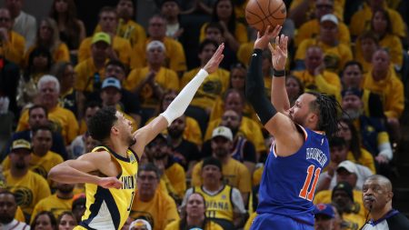 May 31, 2025; Indianapolis, Indiana, USA; New York Knicks guard Jalen Brunson (11) shoots the ball against Indiana Pacers forward Obi Toppin (1) in the second quarter during game six of the eastern conference finals for the 2025 NBA Playoffs at Gainbridge Fieldhouse.