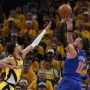 May 31, 2025; Indianapolis, Indiana, USA; New York Knicks guard Jalen Brunson (11) shoots the ball against Indiana Pacers forward Obi Toppin (1) in the second quarter during game six of the eastern conference finals for the 2025 NBA Playoffs at Gainbridge Fieldhouse.