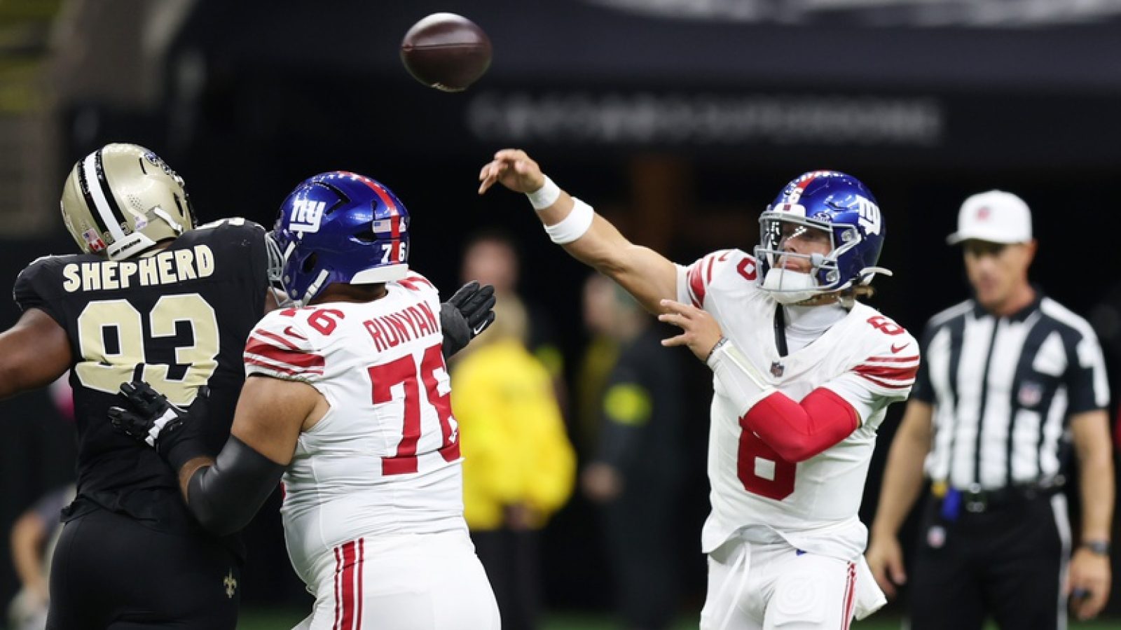 Oct 5, 2025; New Orleans, Louisiana, USA; New York Giants quarterback Jaxson Dart (6) passes the ball against the New Orleans Saints during the first quarter at Caesars Superdome.
