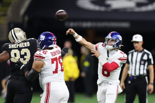 Oct 5, 2025; New Orleans, Louisiana, USA; New York Giants quarterback Jaxson Dart (6) passes the ball against the New Orleans Saints during the first quarter at Caesars Superdome.