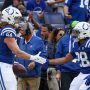 Oct 12, 2025; Indianapolis, Indiana, USA; Indianapolis Colts tight end Tyler Warren (84) celebrates with running back Jonathan Taylor (28) after a reception against the Arizona Cardinals during the first quarter of the game at Lucas Oil Stadium.
