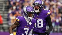 Dec 8, 2024; Minneapolis, Minnesota, USA; Minnesota Vikings wide receiver Jordan Addison (3) celebrates his touchdown with wide receiver Justin Jefferson (18) against the Atlanta Falcons during the first quarter at U.S. Bank Stadium.