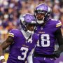 Dec 8, 2024; Minneapolis, Minnesota, USA; Minnesota Vikings wide receiver Jordan Addison (3) celebrates his touchdown with wide receiver Justin Jefferson (18) against the Atlanta Falcons during the first quarter at U.S. Bank Stadium.