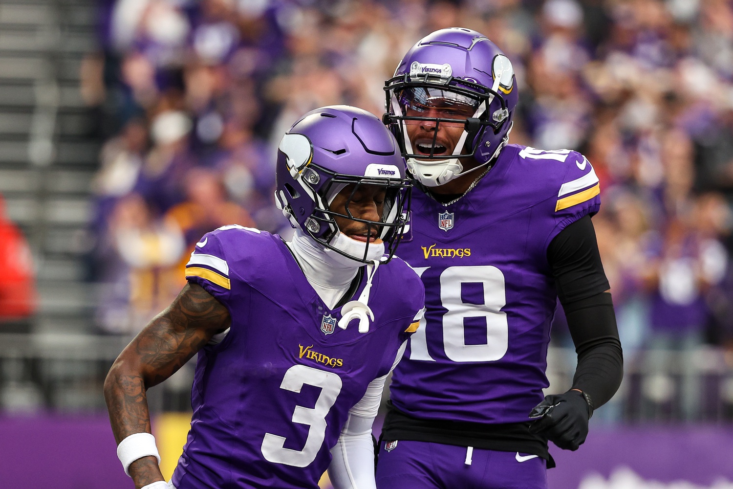 Dec 8, 2024; Minneapolis, Minnesota, USA; Minnesota Vikings wide receiver Jordan Addison (3) celebrates his touchdown with wide receiver Justin Jefferson (18) against the Atlanta Falcons during the first quarter at U.S. Bank Stadium.