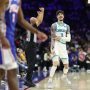 Oct 25, 2025; Philadelphia, Pennsylvania, USA; Charlotte Hornets guard LaMelo Ball (1) reacts to his three pointer against the Philadelphia 76ers during the third quarter at Xfinity Mobile Arena.