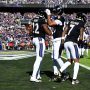 Oct 26, 2025; Baltimore, Maryland, USA; Baltimore Ravens running back Derrick Henry (22) celebrates with Baltimore Ravens tight end Isaiah Likely (80) and Baltimore Ravens wide receiver Rashod Bateman (7) after scoring a touchdown during the second quarter against the Chicago Bears at M&T Bank Stadium.