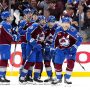 May 1, 2025; Denver, Colorado, USA; Colorado Avalanche center Nathan MacKinnon (29) celebrates his go ahead goal with defenseman Samuel Girard (49), left wing Artturi Lehkonen (62),center Martin Necas (88) and defenseman Sam Malinski (70) in the third period against the Dallas Stars against the Dallas Stars in game six of the first round of the 2025 Stanley Cup Playoffs at Ball Arena.