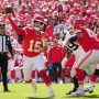 Oct 19, 2025; Kansas City, Missouri, USA; Kansas City Chiefs quarterback Patrick Mahomes (15) passes the ball against the Las Vegas Raiders during the second quarter of the game at GEHA Field at Arrowhead Stadium.