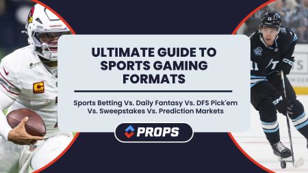 Ultimate guide to sports gaming formats, written between two images of an NFL and an NHL player in action.