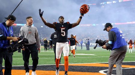 Dec 28, 2024; Cincinnati, Ohio, USA; Cincinnati Bengals wide receiver Tee Higgins (5) celebrates following the overtime win against the Denver Broncos at Paycor Stadium.