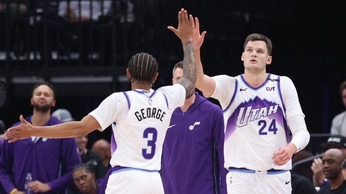 Oct 29, 2025; Salt Lake City, Utah, USA; Utah Jazz guard Keyonte George (3) and center Walker Kessler (24) react to a play against the Portland Trail Blazers during the first quarter at Delta Center.