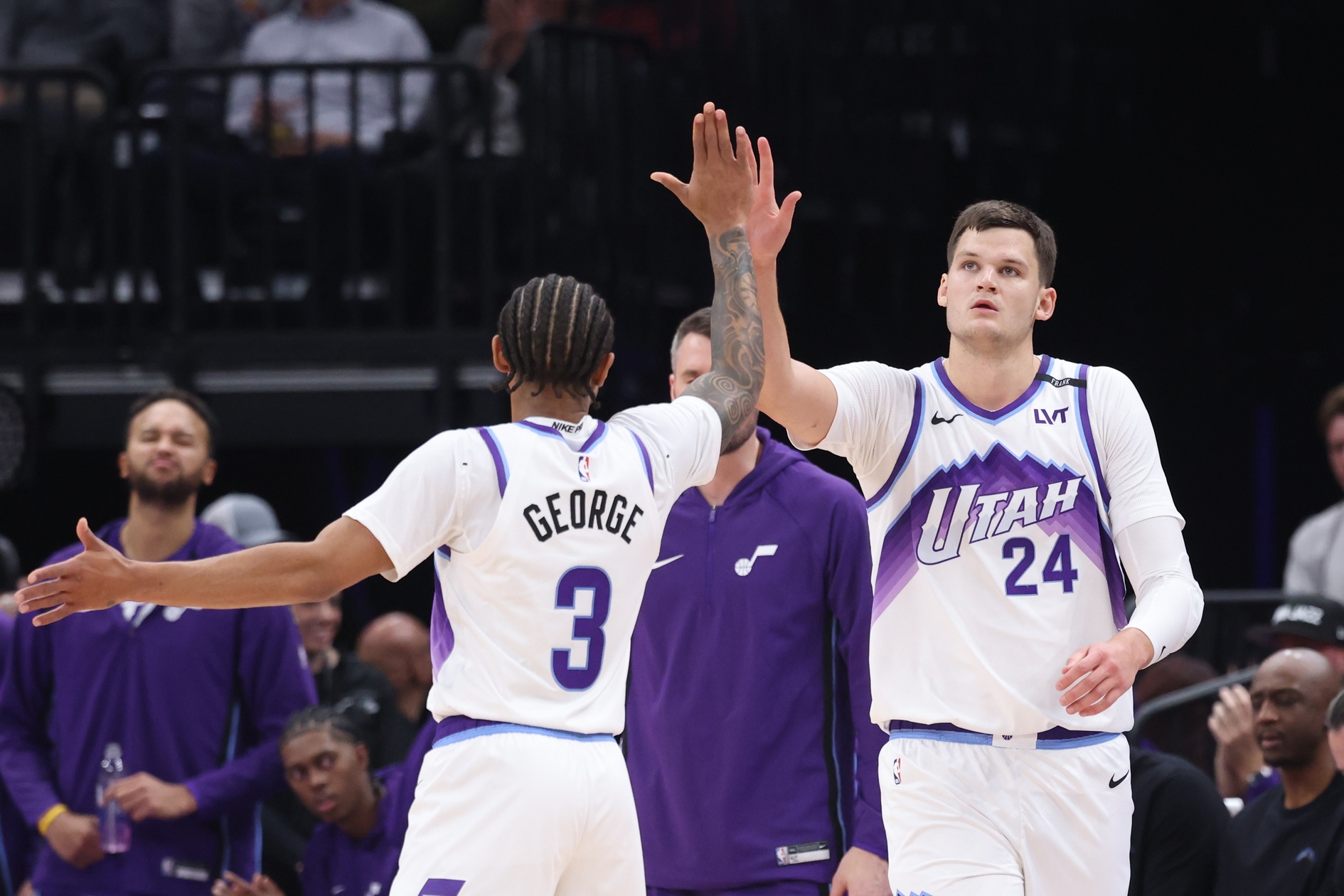 Oct 29, 2025; Salt Lake City, Utah, USA; Utah Jazz guard Keyonte George (3) and center Walker Kessler (24) react to a play against the Portland Trail Blazers during the first quarter at Delta Center.