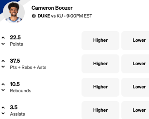 Cameron Boozer Props Today vs Kansas Nov. 18