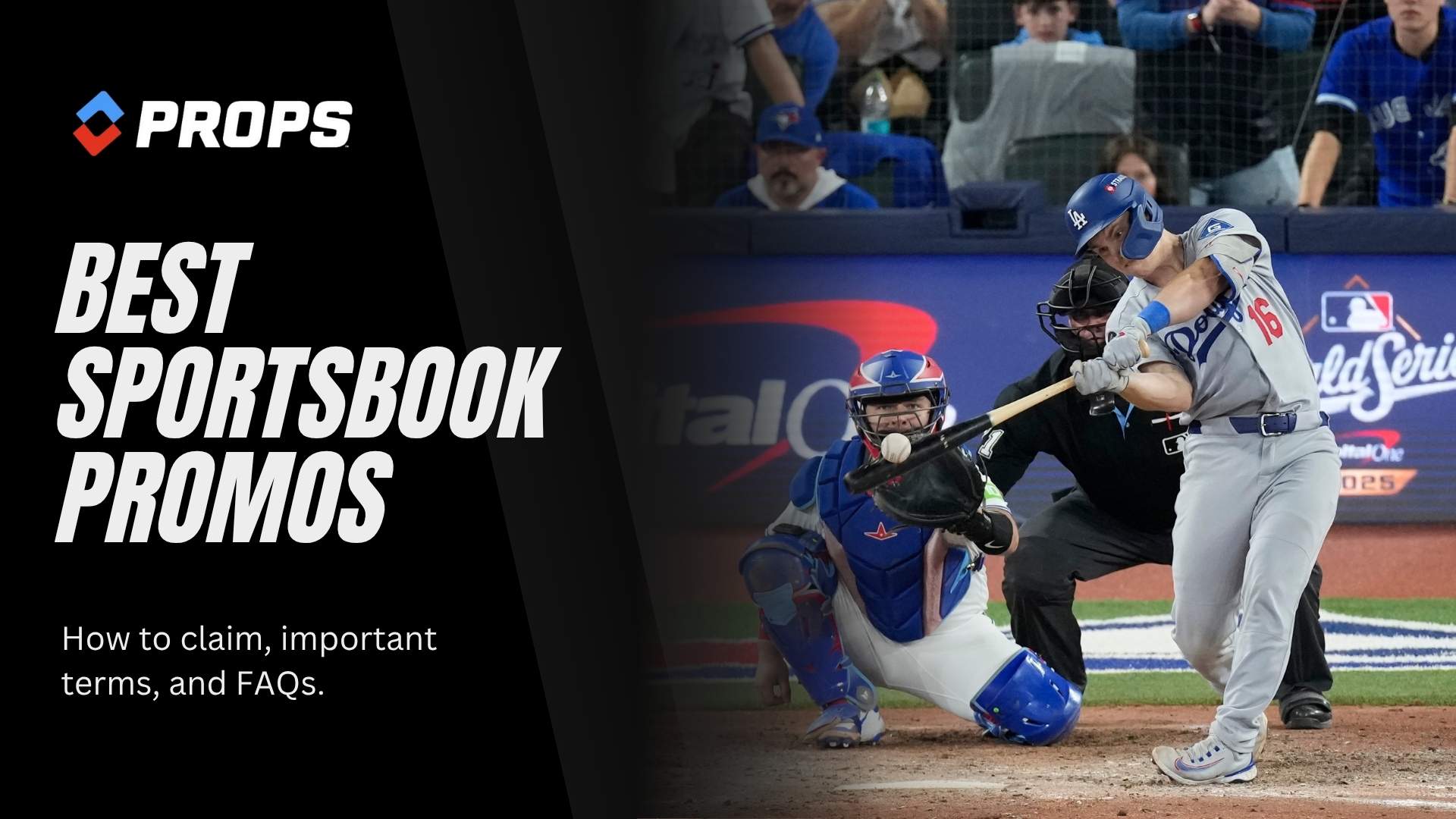 best sportsbook promos, written beside a baseball player swinging for the fences.