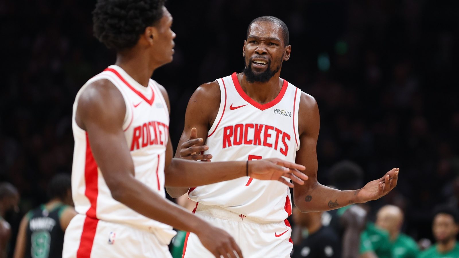 Nov 1, 2025; Boston, Massachusetts, USA; Houston Rockets forward Kevin Durant (7) reacts during the first half against the Boston Celtics at TD Garden.