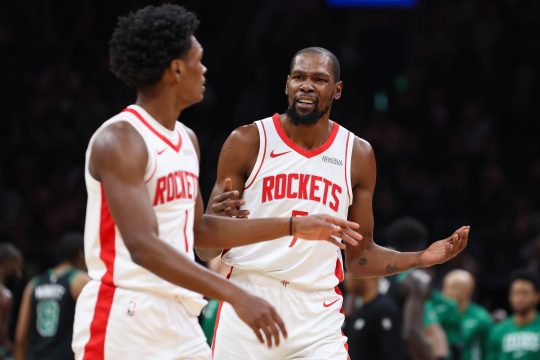 Nov 1, 2025; Boston, Massachusetts, USA; Houston Rockets forward Kevin Durant (7) reacts during the first half against the Boston Celtics at TD Garden.