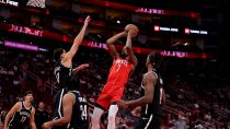 Houston, Texas, USA; Houston Rockets forward Kevin Durant (7) shoots against the Brooklyn Nets during the first quarter at Toyota Center.