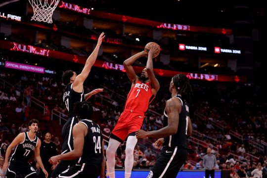 Houston, Texas, USA; Houston Rockets forward Kevin Durant (7) shoots against the Brooklyn Nets during the first quarter at Toyota Center.