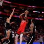 Houston, Texas, USA; Houston Rockets forward Kevin Durant (7) shoots against the Brooklyn Nets during the first quarter at Toyota Center.