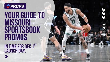 Your guide to Missouri sportsbook promos, written beside Jayson Tatum dribbling a basketball.