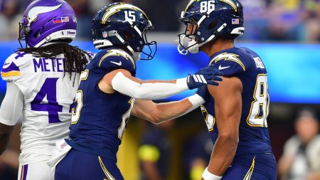 Oct 23, 2025; Inglewood, California, USA; Los Angeles Chargers tight end Oronde Gadsden II (86) reacts after scoring a touchdown with wide receiver Ladd McConkey (15) during the first half at SoFi Stadium.