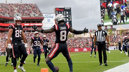 Nov 9, 2025; Tampa, Florida, USA; New England Patriots wide receiver Stefon Diggs (8) celebrates a touchdown with tight end Hunter Henry (85) during the second quarter against the Tampa Bay Buccaneers at Raymond James Stadium.
