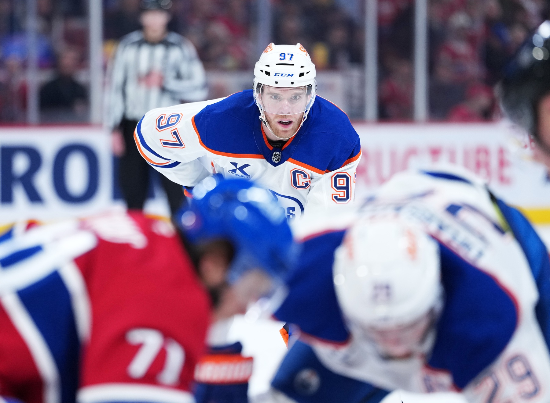Dec 14, 2025; Montreal, Quebec, CAN; Edmonton Oilers forward Connor McDavid (97) prepares for a face off against the Montreal Canadiens during the third period at the Bell Centre.