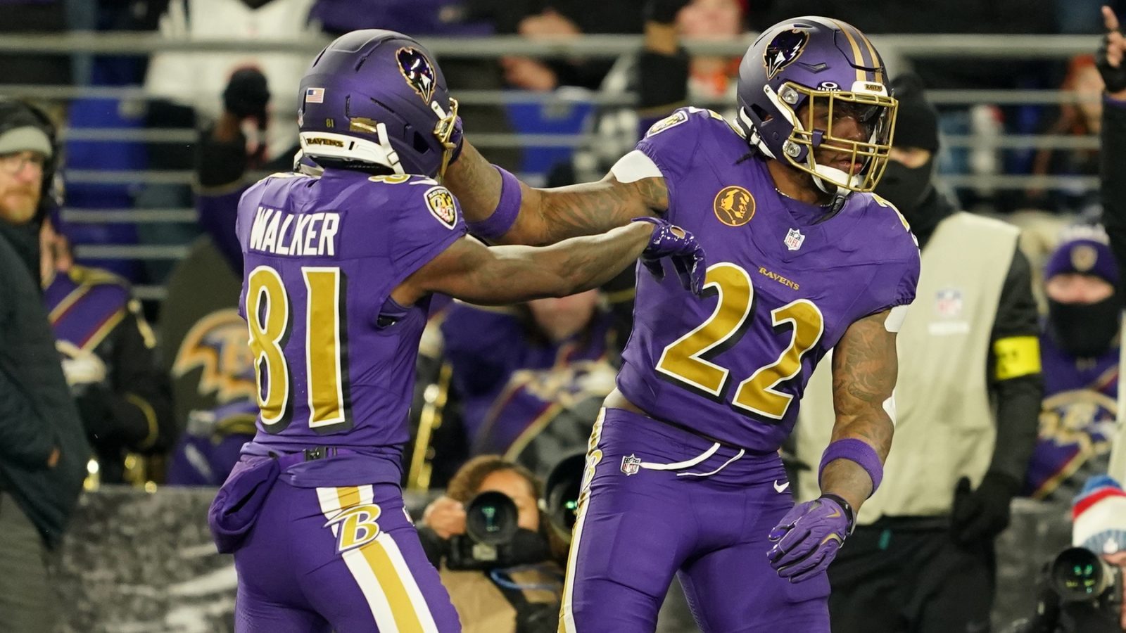 Nov 27, 2025; Baltimore, Maryland, USA; Baltimore Ravens running back Derrick Henry (22) reacts after scoring a touchdown against the Cincinnati Bengals during the first half at M&T Bank Stadium.