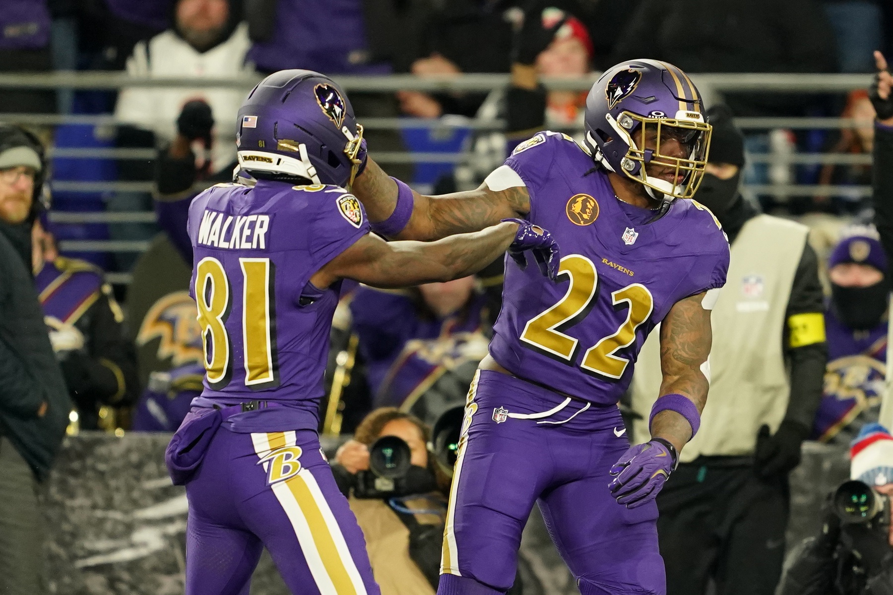 Nov 27, 2025; Baltimore, Maryland, USA; Baltimore Ravens running back Derrick Henry (22) reacts after scoring a touchdown against the Cincinnati Bengals during the first half at M&T Bank Stadium.