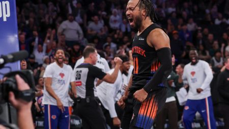 Nov 28, 2025; New York, New York, USA; New York Knicks guard Jalen Brunson (11) reacts after making a basket during the second half against the Milwaukee Bucks at Madison Square Garden.
