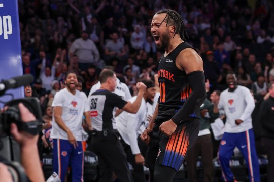 Nov 28, 2025; New York, New York, USA; New York Knicks guard Jalen Brunson (11) reacts after making a basket during the second half against the Milwaukee Bucks at Madison Square Garden.