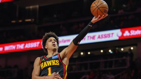 Nov 28, 2025; Atlanta, Georgia, USA; Atlanta Hawks forward Jalen Johnson (1) attempts a shot against the Cleveland Cavaliers during the first quarter at State Farm Arena.