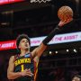 Nov 28, 2025; Atlanta, Georgia, USA; Atlanta Hawks forward Jalen Johnson (1) attempts a shot against the Cleveland Cavaliers during the first quarter at State Farm Arena.