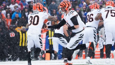 Dec 7, 2025; Orchard Park, New York, USA; Cincinnati Bengals quarterback Joe Burrow (9) hands the ball off to running back Chase Brown (30) in the first quarter against the Buffalo Bills at Highmark Stadium.