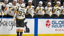 Dec 9, 2025; Elmont, New York, USA; Vegas Golden Knights right wing Mitch Marner (93) celebrates his goal against the New York Islanders during the first period at UBS Arena.