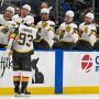 Dec 9, 2025; Elmont, New York, USA; Vegas Golden Knights right wing Mitch Marner (93) celebrates his goal against the New York Islanders during the first period at UBS Arena.