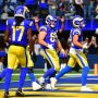 Sep 28, 2025; Inglewood, California, USA; Los Angeles Rams wide receiver Puka Nacua (12) celebrates his touchdown scored against the Indianapolis Colts with center Coleman Shelton (65) and wide receiver Davante Adams (17) during the second half at SoFi Stadium.