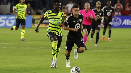 Jul 19, 2023; Washington, DC, USA; Arsenal midfielder Bukayo Saka (7) and MLS defender Alvaro Barreal (31) of FC Cincinnati race for the ball during the first half of the 2023 MLS All Star Game at Audi Field.